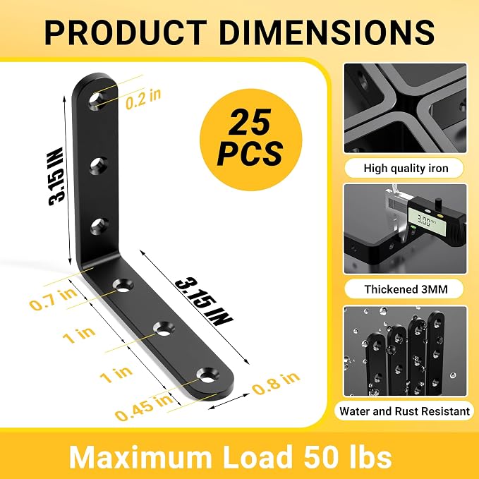 25Pcs Black Angle Brackets 3”x 3” Heavy Duty Corner Bracket 3MM - Image 2
