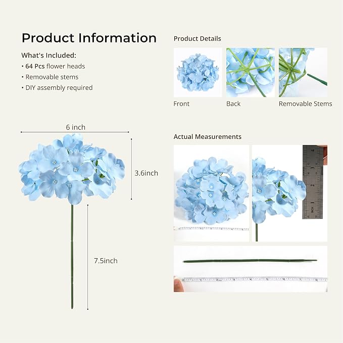 Auihiay 64Pcs Blue Hydrangea Artificial Flowers, Silk Hydrangeas Decor | - Image 3