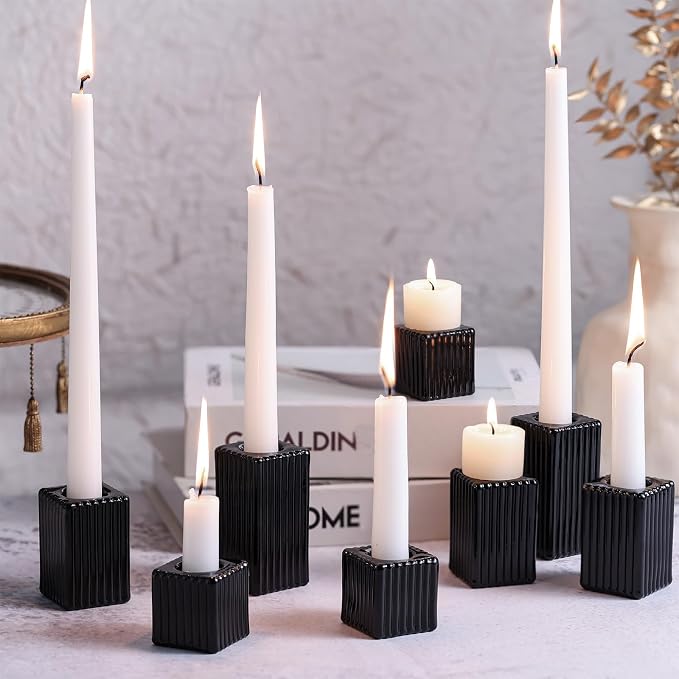 LETINE 12pcs Black Vertical Stripe Glass Candlestick Holders by LETINE