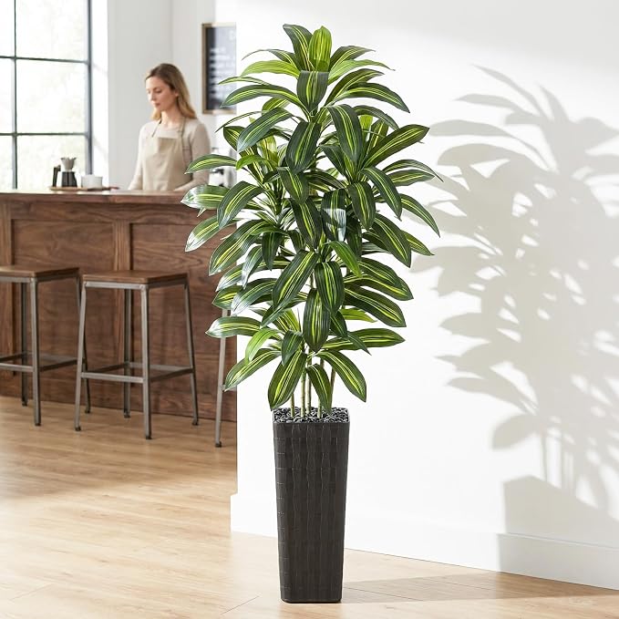 Artificial Dracaena Tree: 7FT Fake Plants Silk Faux Trees（Black Pot） | - Image 8
