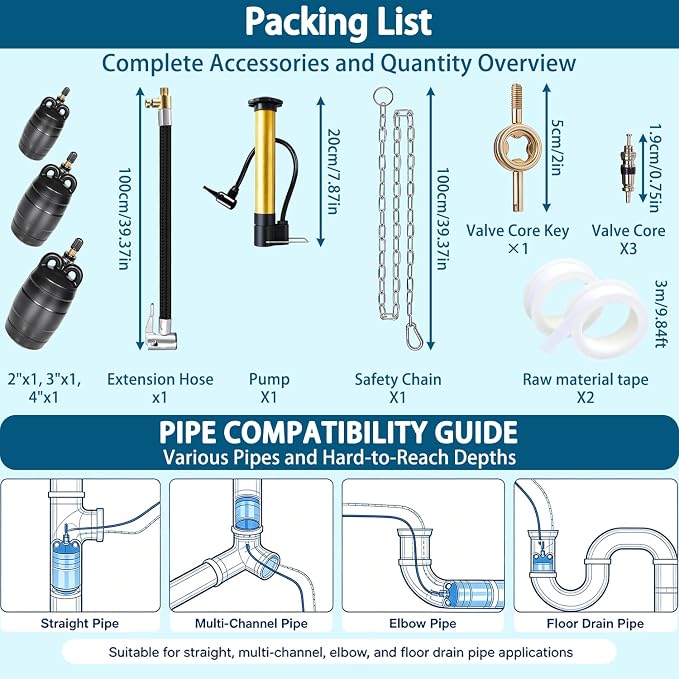 Inflatable Pipe Plug Kit, Air Pump, Deflation Extension Hose, Safety Chain & - Image 5