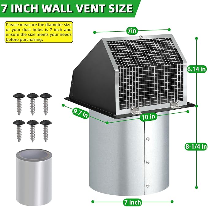 7Inch Wall Vent with Screen and Damper, Galvanized Steel Hooded Wall Vent Cover - Image 2