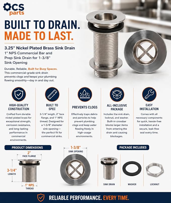 OCS Parts Nickel-Plated Brass Sink Drain | 1" NPS - Image 2