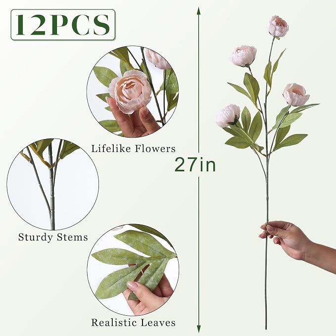 12 Pcs 27" Faux Silk Peony Artificial Flowers Stems - Image 5