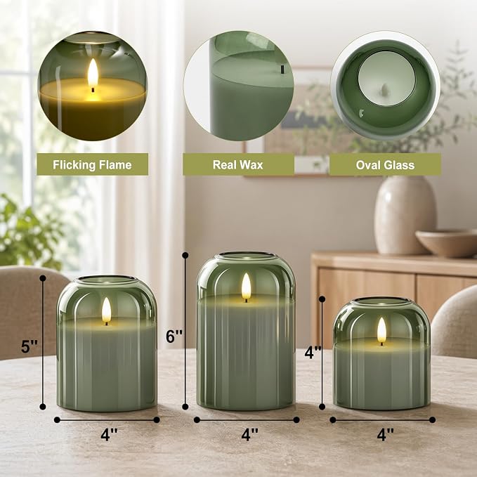 Mid Century Modern Home Decor, Olive Green Glass Flameless Pillar Candles | - Image 3