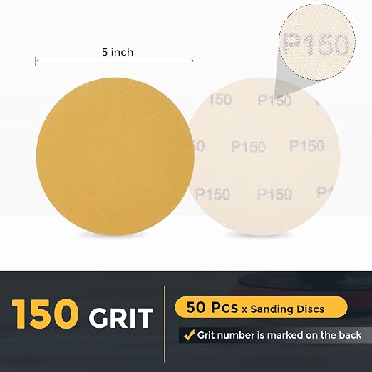 HARFINGTON 50 Pcs 5 Inch Sanding Discs 150 Grit Yellow Aluminum Oxide | Hook - Image 2