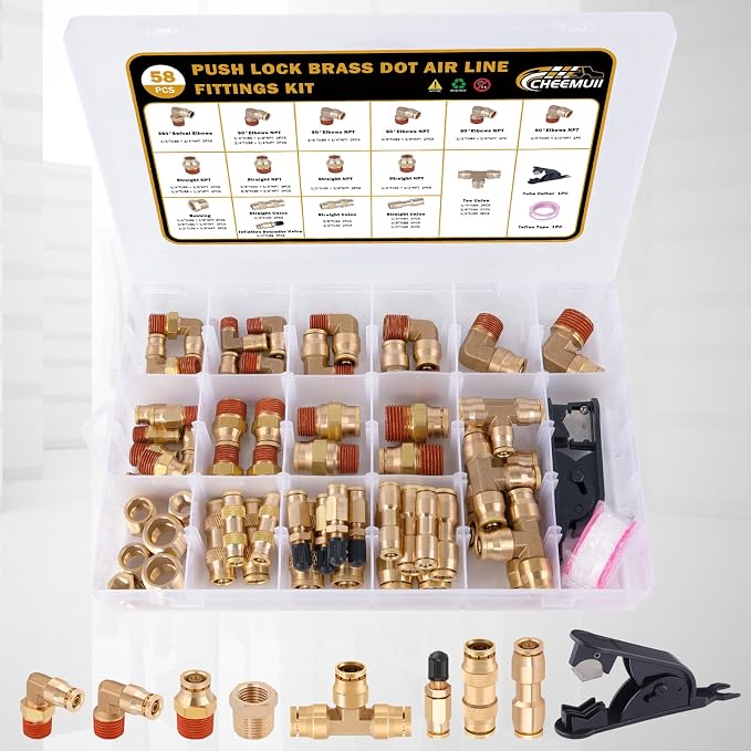 CheeMuii 58PCS Brass DOT Air Line Fittings Kit Push Lock DOT Air Fittings | - Image 8