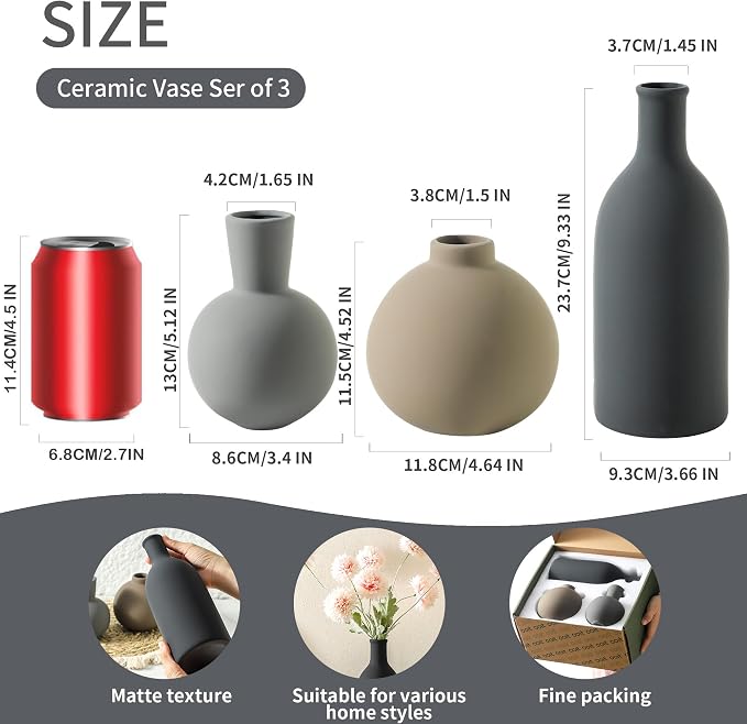 Ceramic Vase Set of 3 | Neutral Vases Home Decor | Modern Flower Pottery Vases - Image 2