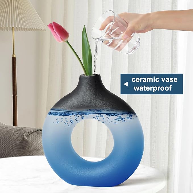 Black Ceramic Donut Vase Set of 2, Hollow Round Matte Pampas Flower Vases - Image 7