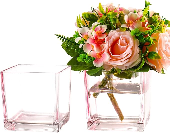 Square Pink Glass Vases Set of 2, Flower Vases by MARTAGE