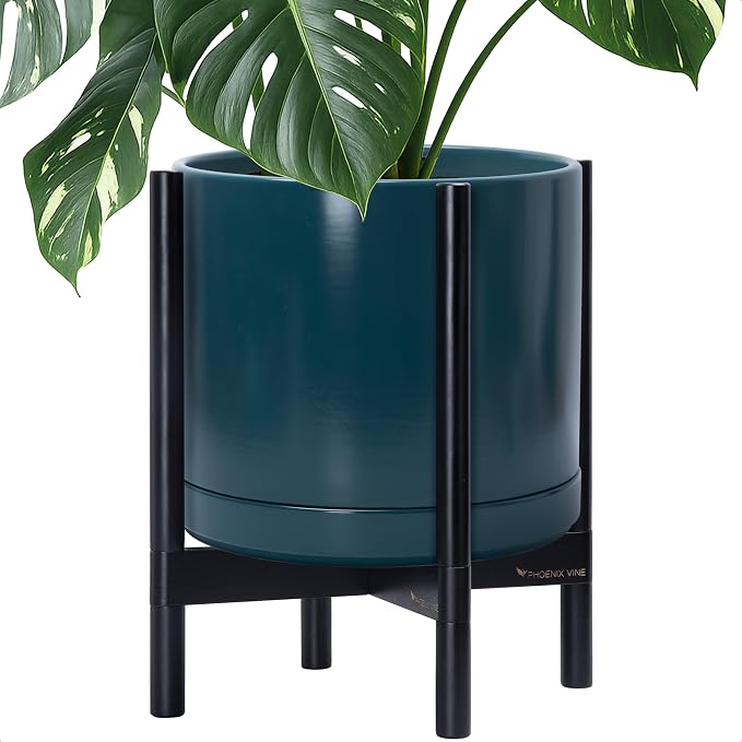 D'vine Dev Ceramic Pot with Ebony Wood Stand, 14 in, 55-B-S-4 | Mid-Century by DvineDevPlanterPotsandStand