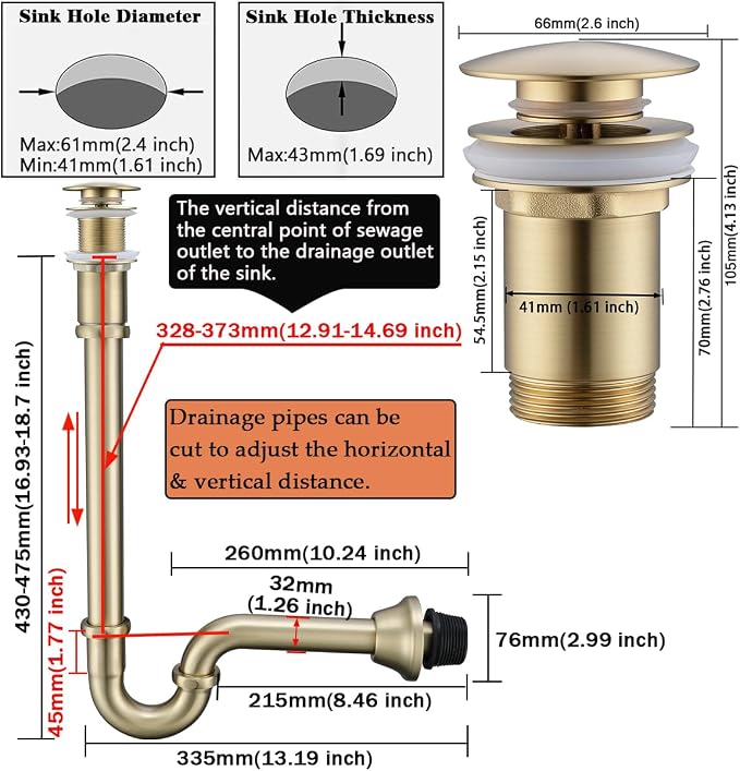 RANDOM Brass P Trap with Bathroom Sink Stopper Kit With Overflow, Brushed Gold - Image 2