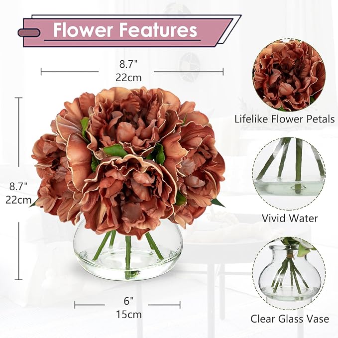 Hollyone Coffee Peonies with Vase Fall Flowers Artificial - Image 2