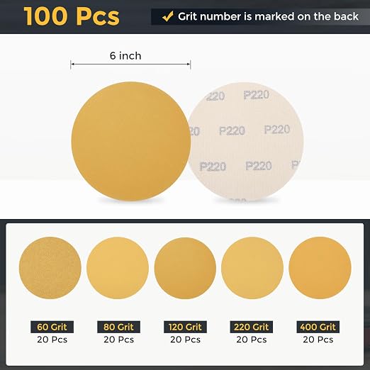 HARFINGTON 100Pcs 6Inch Sanding Disc Hook & Loop Gold Aluminum Oxide | - Image 2