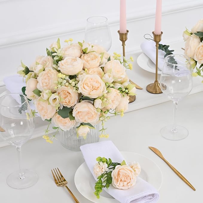 4 Packs Peonies Artificial Flowers, Champagne Silk Artificial Peonies | Fake - Image 8
