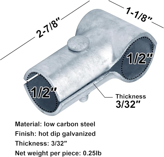 10 Pack End Rail T Clamp, 1/2" Galvanized Pipe Tee Connector Clamp | Greenhouse - Image 2