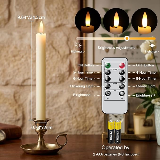 GenSwin Flameless Taper Candles LED Battery Operated Remote Timer Ivory | LED - Image 2