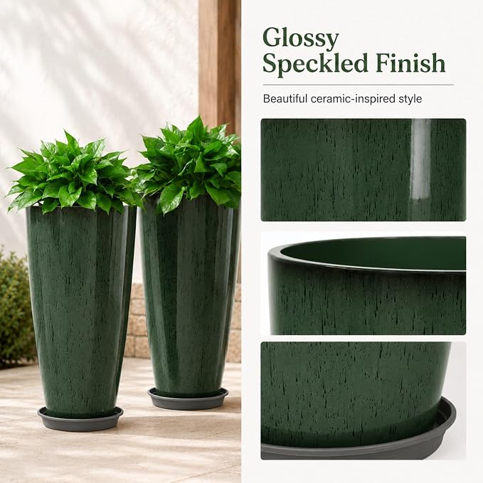 Neoaider Set of 2 Tall Planter, 21 inch Large Plastic Planter, Dark Green | - Image 5