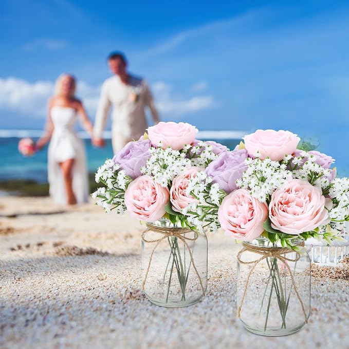 6 Sets Mason Jar Flowers Centerpiece Table Decorations, Artificial Peony Baby's - Image 7