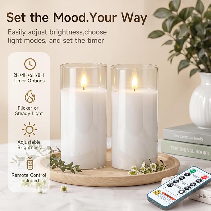 Homemory Pure White Glass Flameless Candles, Real Wax, Remote Timer, 2 Pack | - Image 2