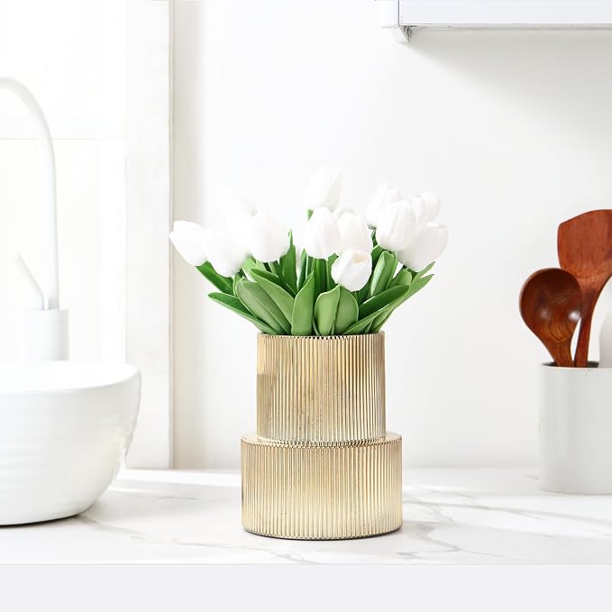 Ribbed Glass Vase, Flower Vase, Fluted Gold Vases - Image 3