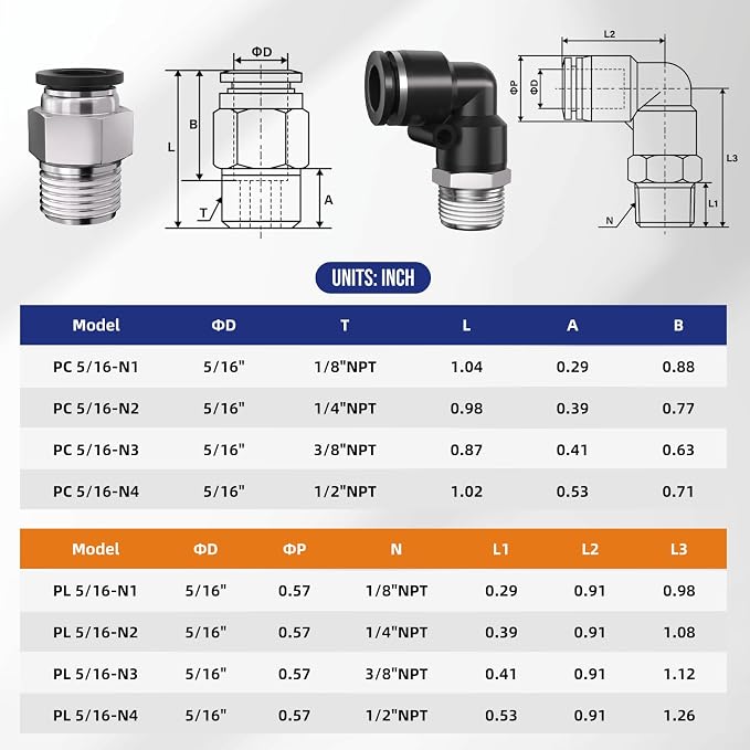 1/8 Push to Connect Fittings npt Thread to 5/16 Air Line quick | Pneumatic - Image 2