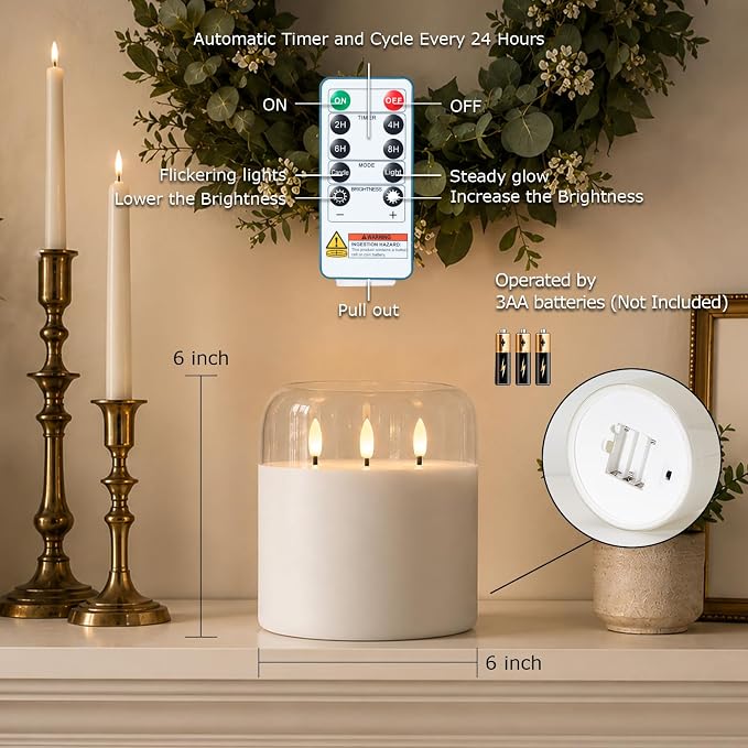 Homemory Pure White Large Glass Flameless LED Candle, 3 Wicks, Remote Timer | - Image 3