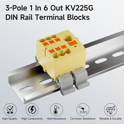4Pcs KV225G DIN Rail Terminal Blocks, 3-Pole 1 in 6 Out Push-in | 3-Pole 1 in 6 - Image 2