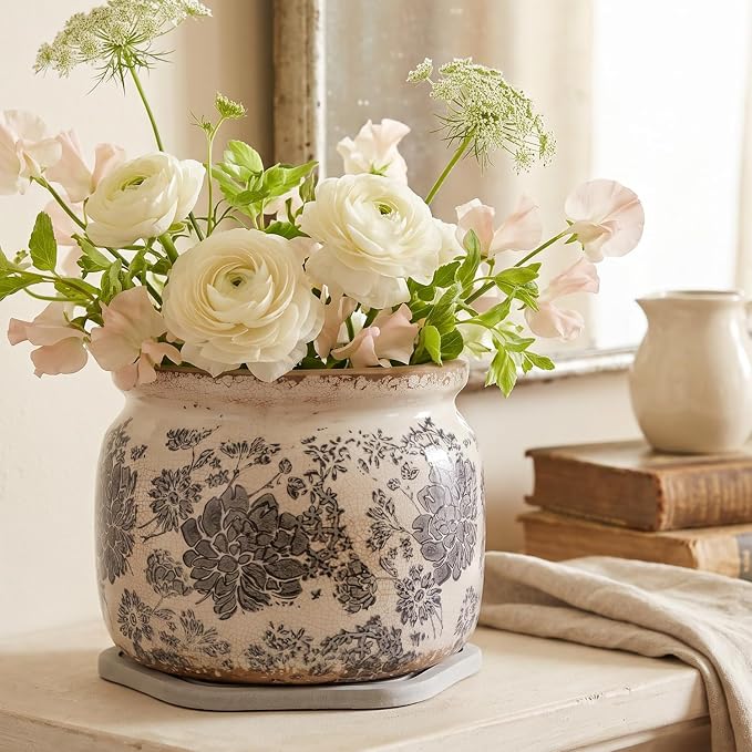 Rustic Ceramic Plant Pot with Decorative Saucer, Gifts - Image 2