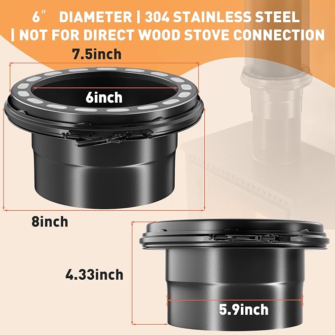 6 Inch Insulated Stove Pipe Adapter Stainless Steel, Double-Wall Transition - Image 2