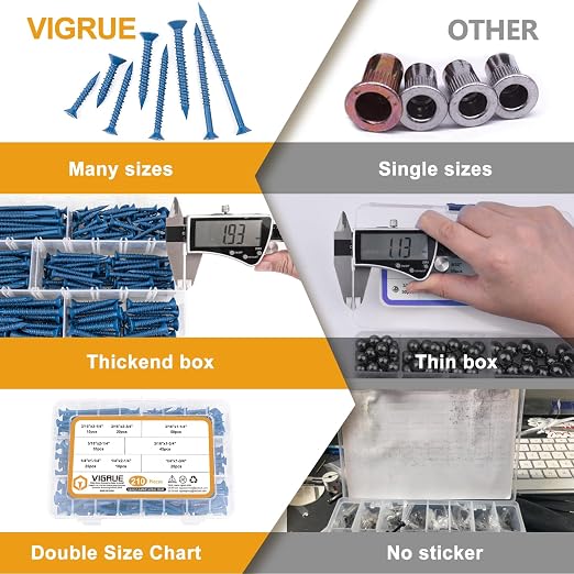 VIGRUE 1/4" 3/16" Concrete Screws Assortment Kit 210PCS Flat Head Cement Screws - Image 4