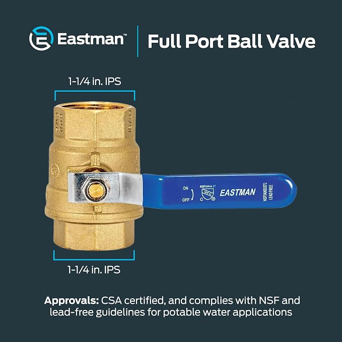 Eastman 1-1/4 Inch IPS Heavy Duty Full Port Ball Valve, Brass Plumbing Fitting - Image 6