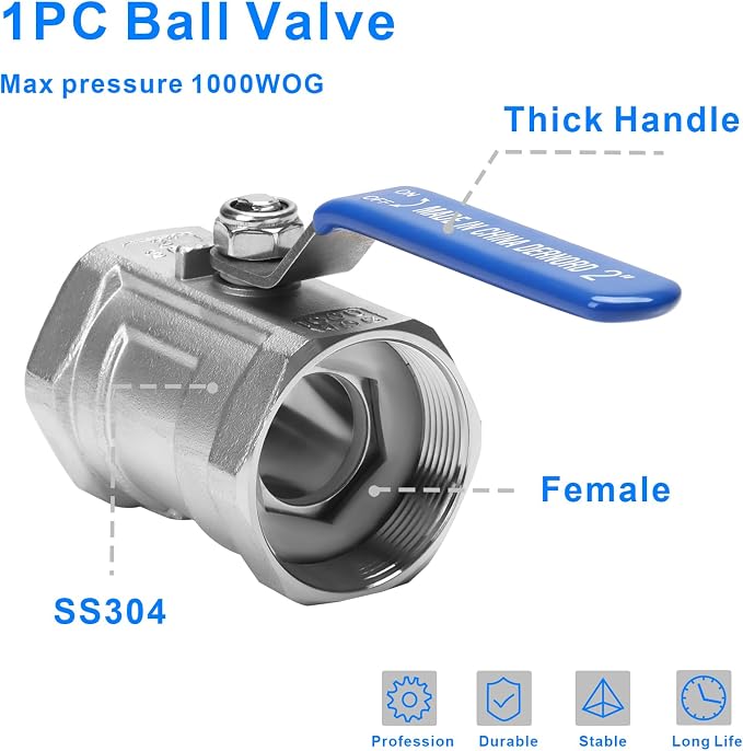 DERNORD Stainless Steel Ball Valve 1PC Type 2 Inch NPT Standard Port - Image 2