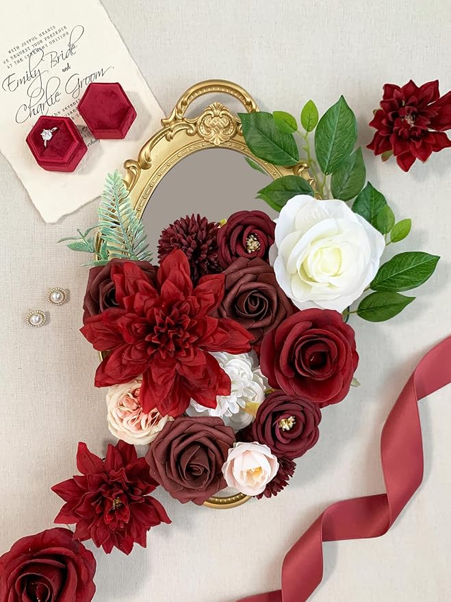 FACINOC Roses Artificial Flowers Red Bouquet Box Set Fake Flower - Image 3