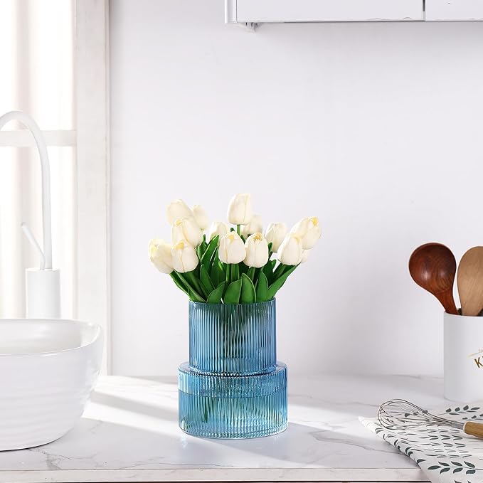 Blue Glass Vase, Ribbed Glass Vase - Image 5