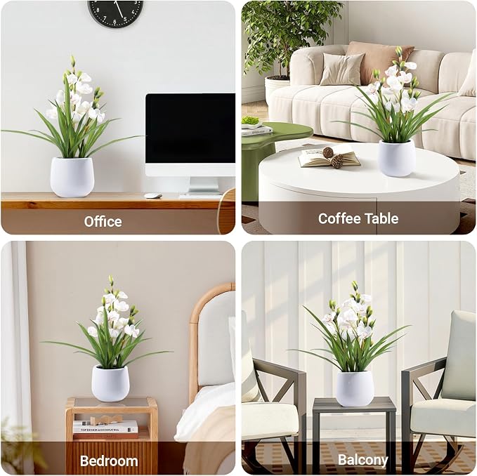 Fake Orchid Plant 19" Tall, Realistic Touch Leaves, Potted Cymbidium Artificial - Image 3