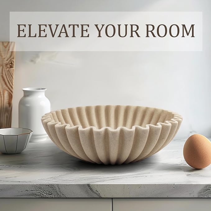 LIN CHUAN Ruffle Decorative Bowl, Large Fruit Bowl, Artificial Stone Beige | - Image 6