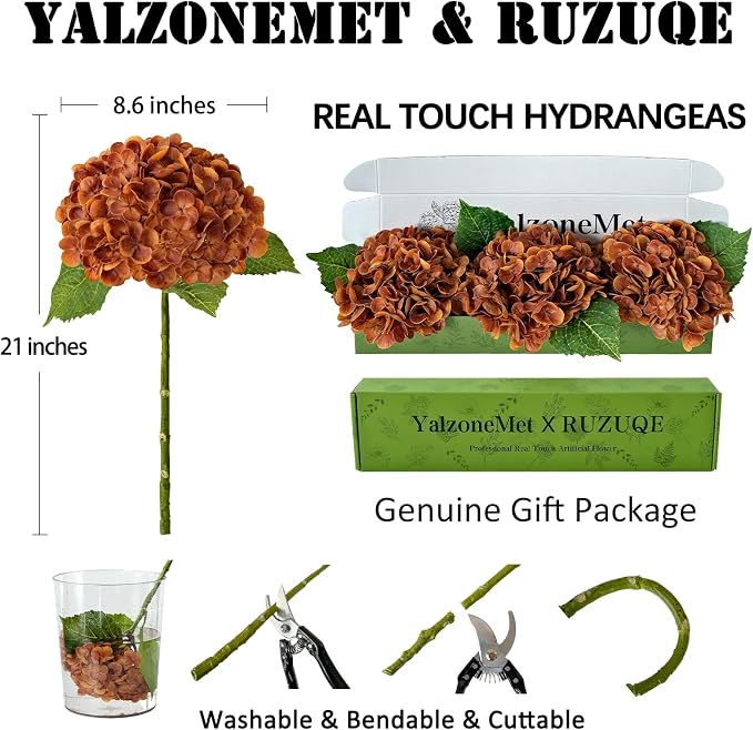 YalzoneMet 3 Pcs Orange Brown Hydrangea Artificial Flowers 21‘’ Real Touch - Image 5