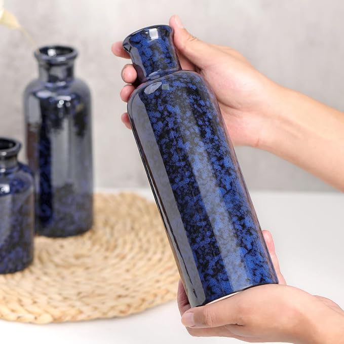 Small Blue Ceramic Vase Set of 3, Boho Modern Flower Vase Room Decor, Farmhouse - Image 8