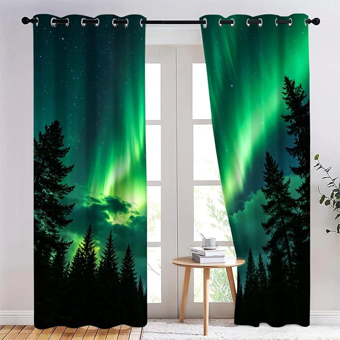 Forest Aurora Curtains, Coniferous Forest Silhouette Blackout Curtains 96 by Unknown