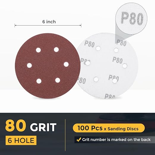 HARFINGTON 100 Pcs 6 Inch Sanding Discs 80 Grit Red Aluminum Oxide 6 Hole | - Image 2