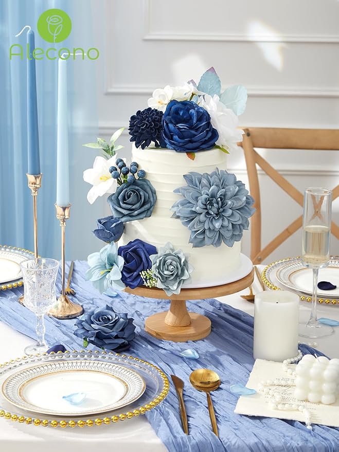 Alecono Dusty Blue Artificial Flowers, Silk Fake Roses Floral Set | - Image 4