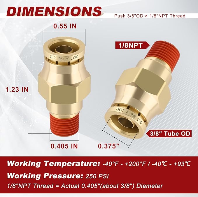 DOT Approved Male Straight Brass Union 3/8" Tube x 1/8" NPT, Quick Connect Union - Image 5