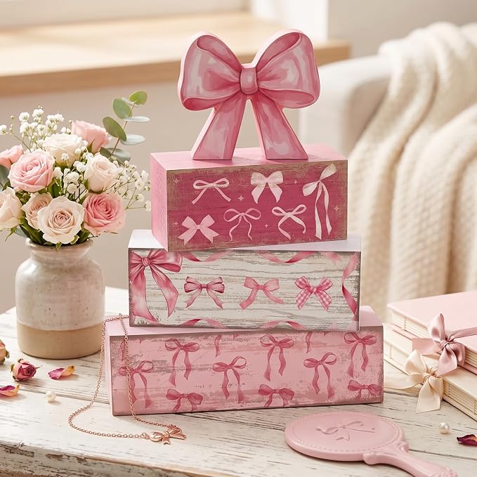 Conelist 4 Pcs Pink Bow Room Decoration Coquette Gift Pink Bow Block Sign - Image 8