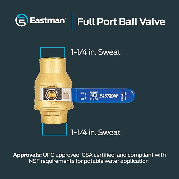 Eastman Heavy Duty Full Port Brass Ball Valve, 1-1/4 in Sweat x 1-1/4 in Sweat - Image 6