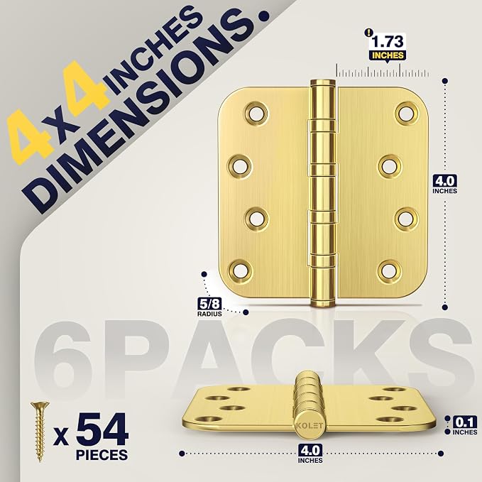 KOLET Gold Door Hinges, 4 x 4 Inches, 5/8" Radius Corner, Satin Gold, 6 Pack | - Image 2