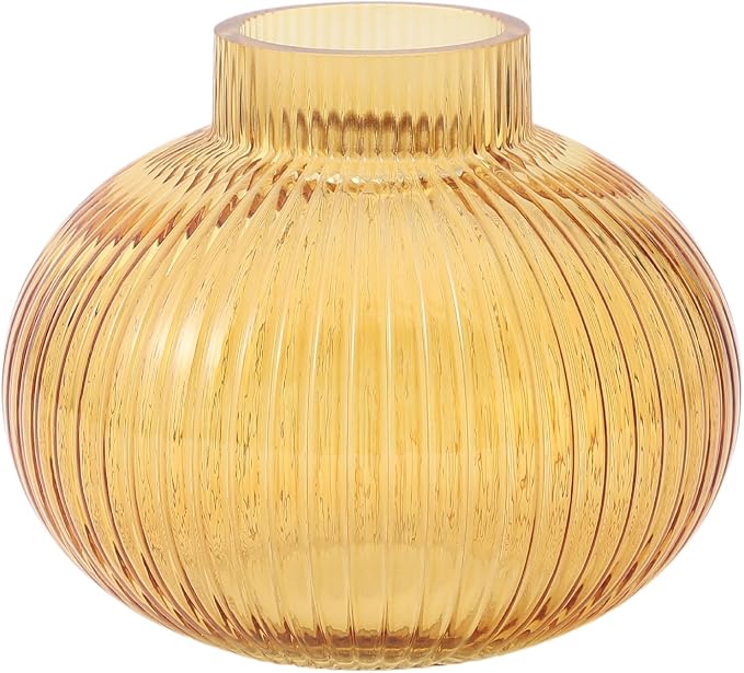 Amber Glass Vase for Tulips, Ribbed Glass Vase for Flowers, Round Flower Vases by YANWE