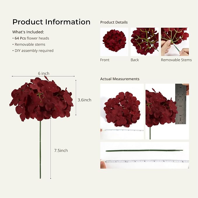 Auihiay 64Pcs Burgundy Hydrangea Artificial Flowers Bulk, Silk Hydrangeas | - Image 3