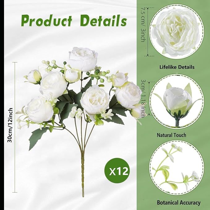 12 Bundles Peonies Artificial White Flowers Bouquet, Lifelike Silk Fake Peonies - Image 3
