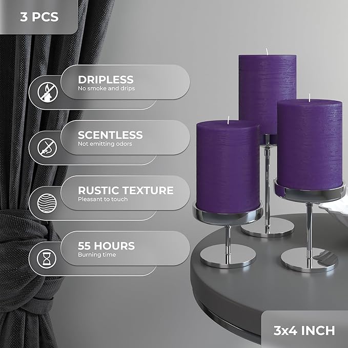 3x4 inch Pillar Candles Set of 3 – Unscented Dripless Rustic Purple Candles - Image 3